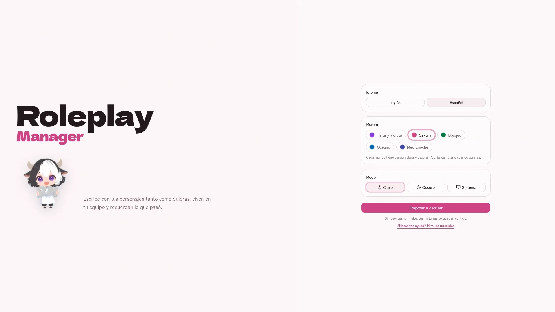 Pantalla de bienvenida de Roleplay Manager con el tema Sakura